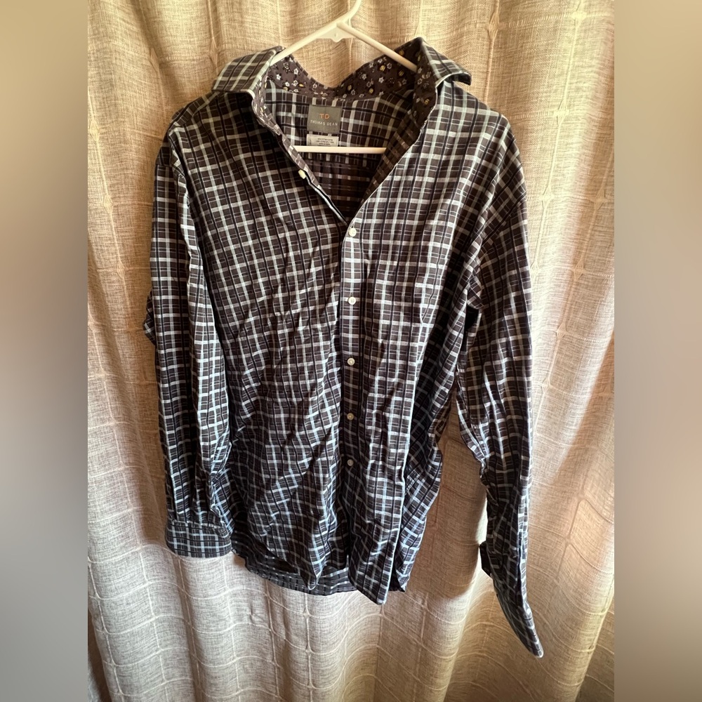 Thomas Dean Brown and White Plaid Dress Shirt